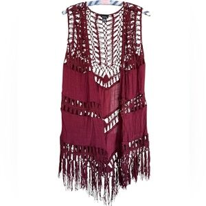 Rue 21 Women’s Maroon Crochet Fringe Open Front Vest/Swim Coverup Size Small